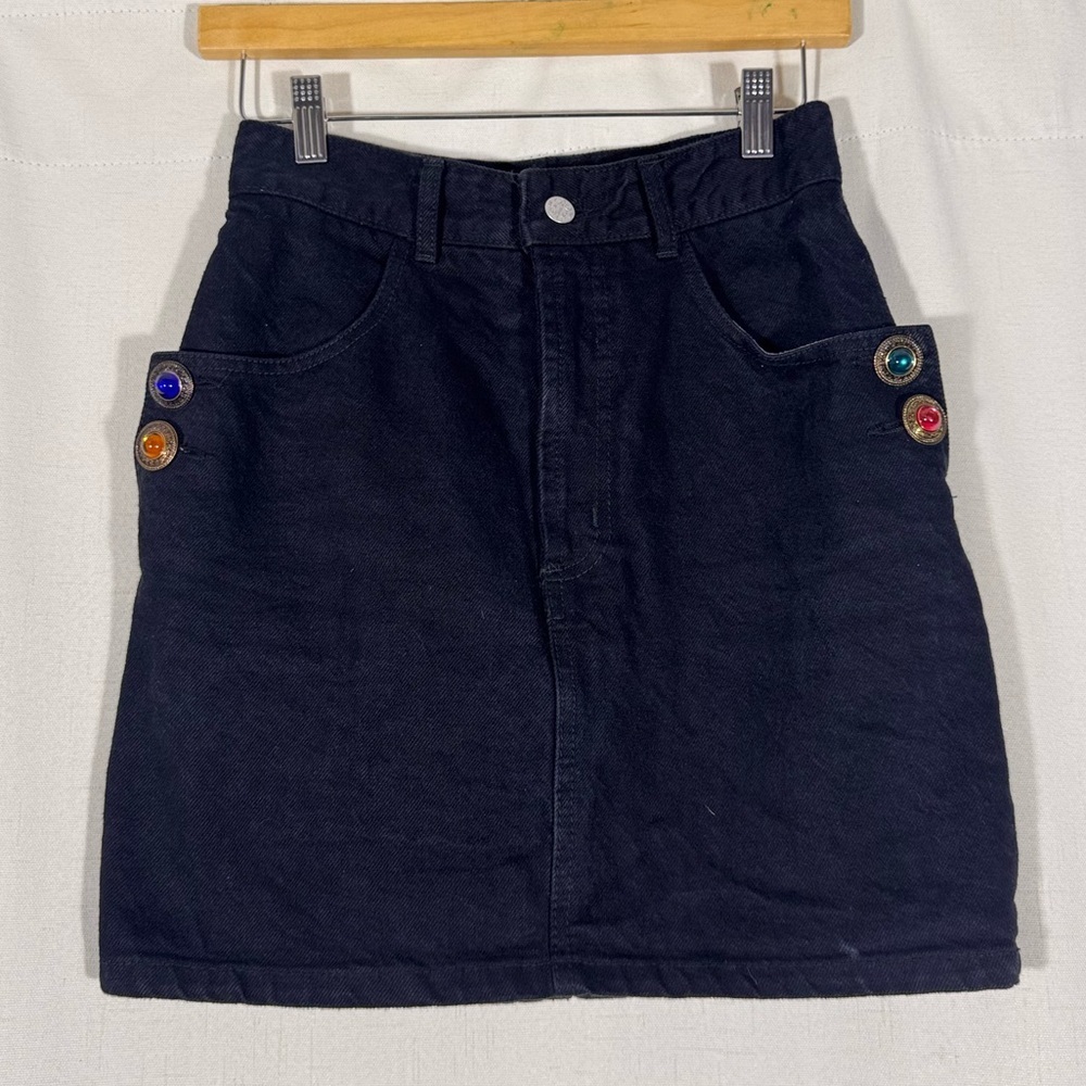 Vintage 90s Bongo Black Denim Mini Skirt w/ Jewel Button Details